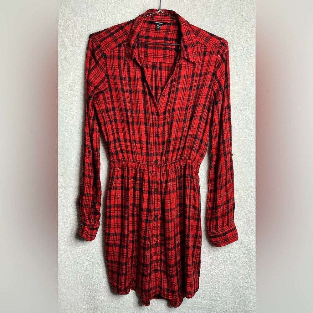 Express Red Checkered Long Sleeve Dress size S - Picture 2 of 12
